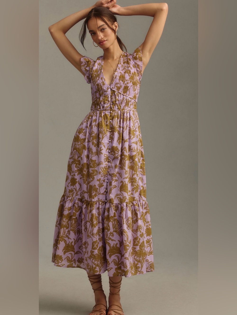 Anthropologie Peregrine Midi Dress Smocked Bodice V-Neck Button Front Pockets L - Picture 2 of 16